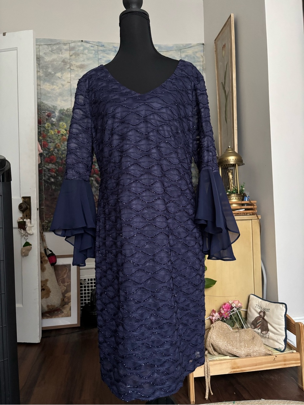 connected apparel Navy Blue Beaded Bell-Sleeve Midi Dress
